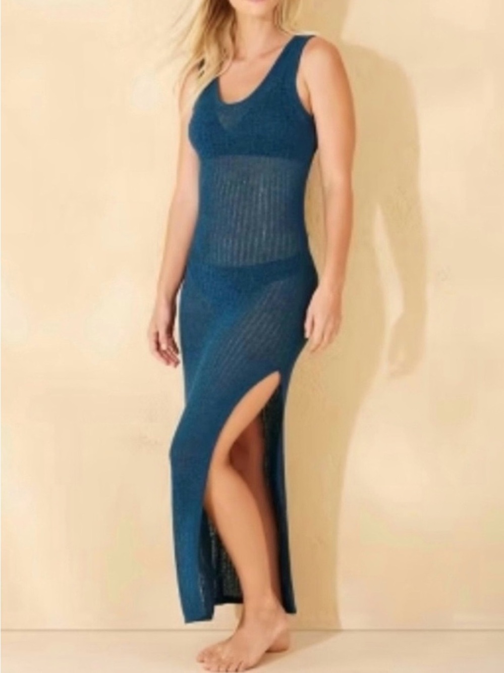 Shade & Shore Sleeveless Teal Maxi Knit Dress with High Side Slit *NWOT